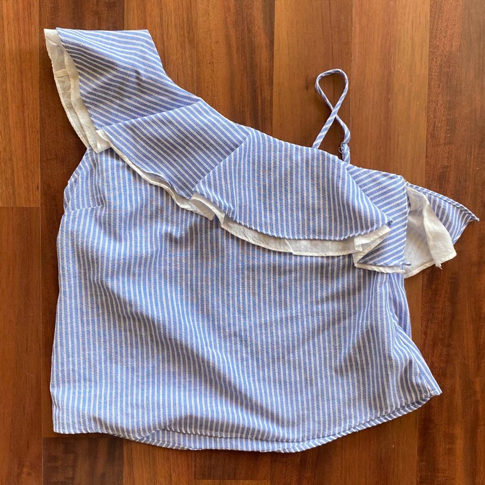 Alythea Blue & White One Shoulder Ruffle Top, Large